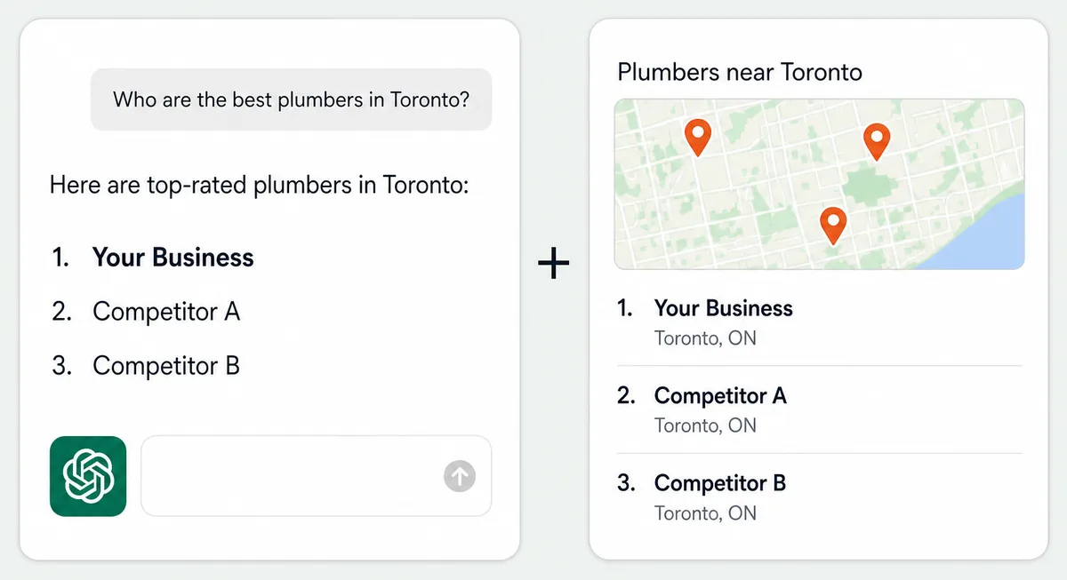 Illustration: an AI chat answer and a Google map pack both listing Your Business first for plumbers in Toronto