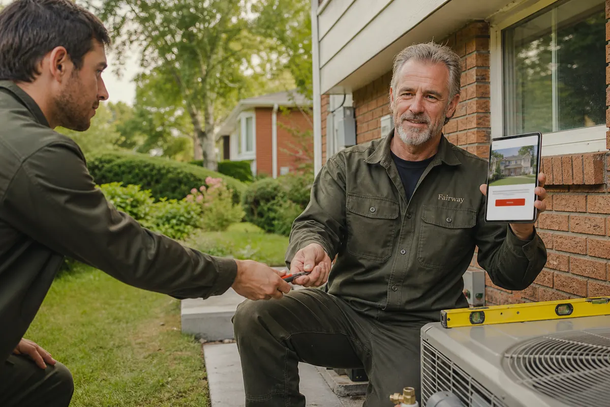HVAC technician installing a new outdoor heat pump beside a 1960s backsplit home in Agincourt