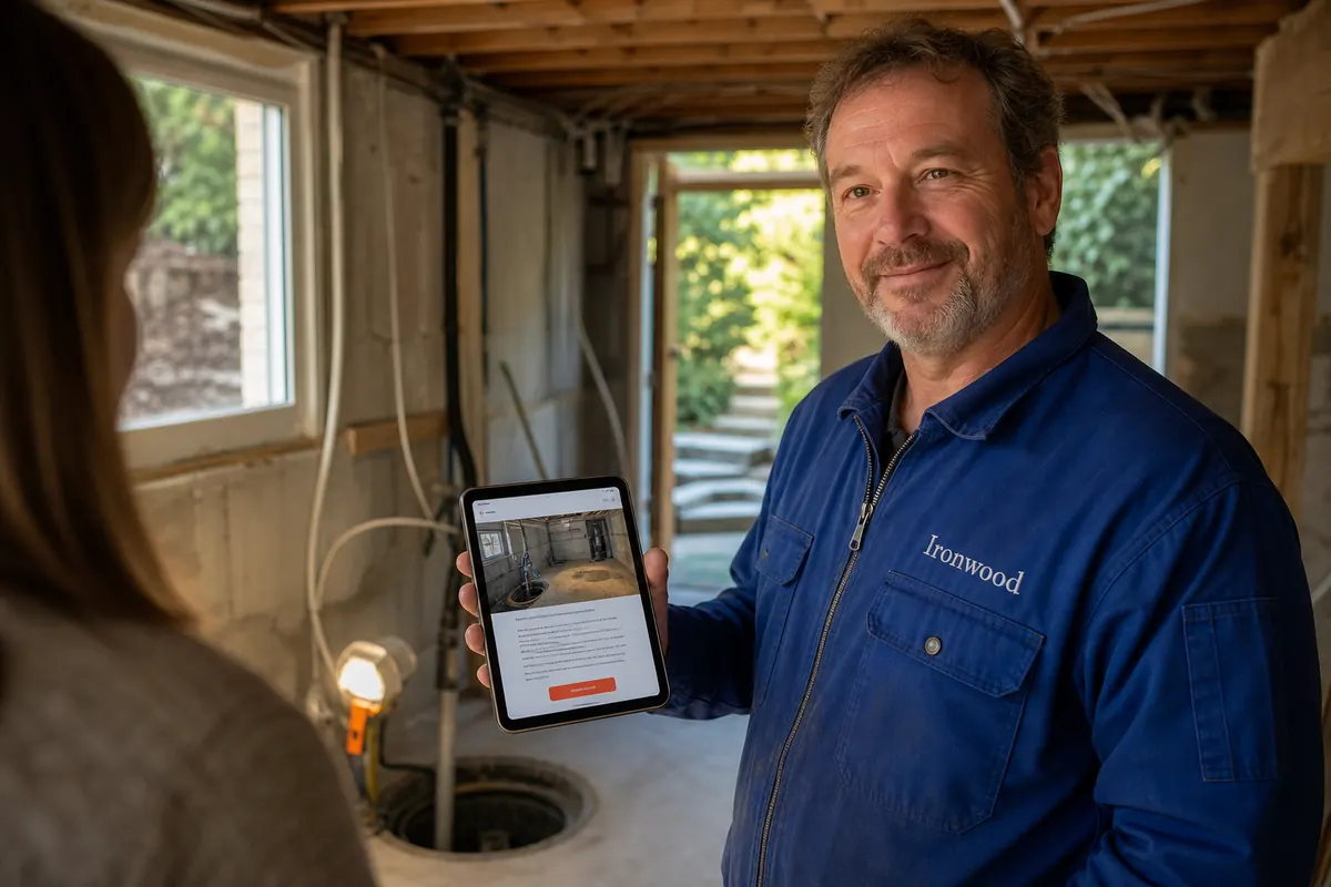 Waterproofing contractor in a Leaside basement showing a homeowner an AI answer that names his company on a tablet