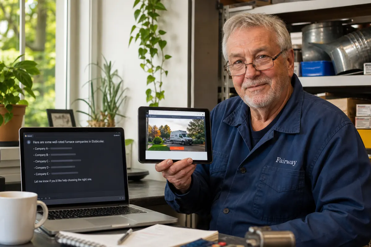 HVAC company owner in an Etobicoke shop office asking an AI assistant on his laptop to recommend furnace repair companies