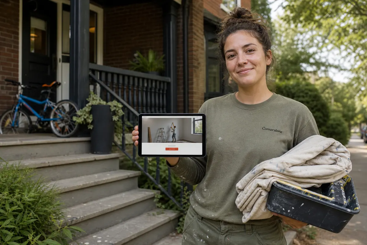Painter carrying drop cloths and a paint tray up the front steps of a 1920s brick family home on a leafy Bloor West Village street