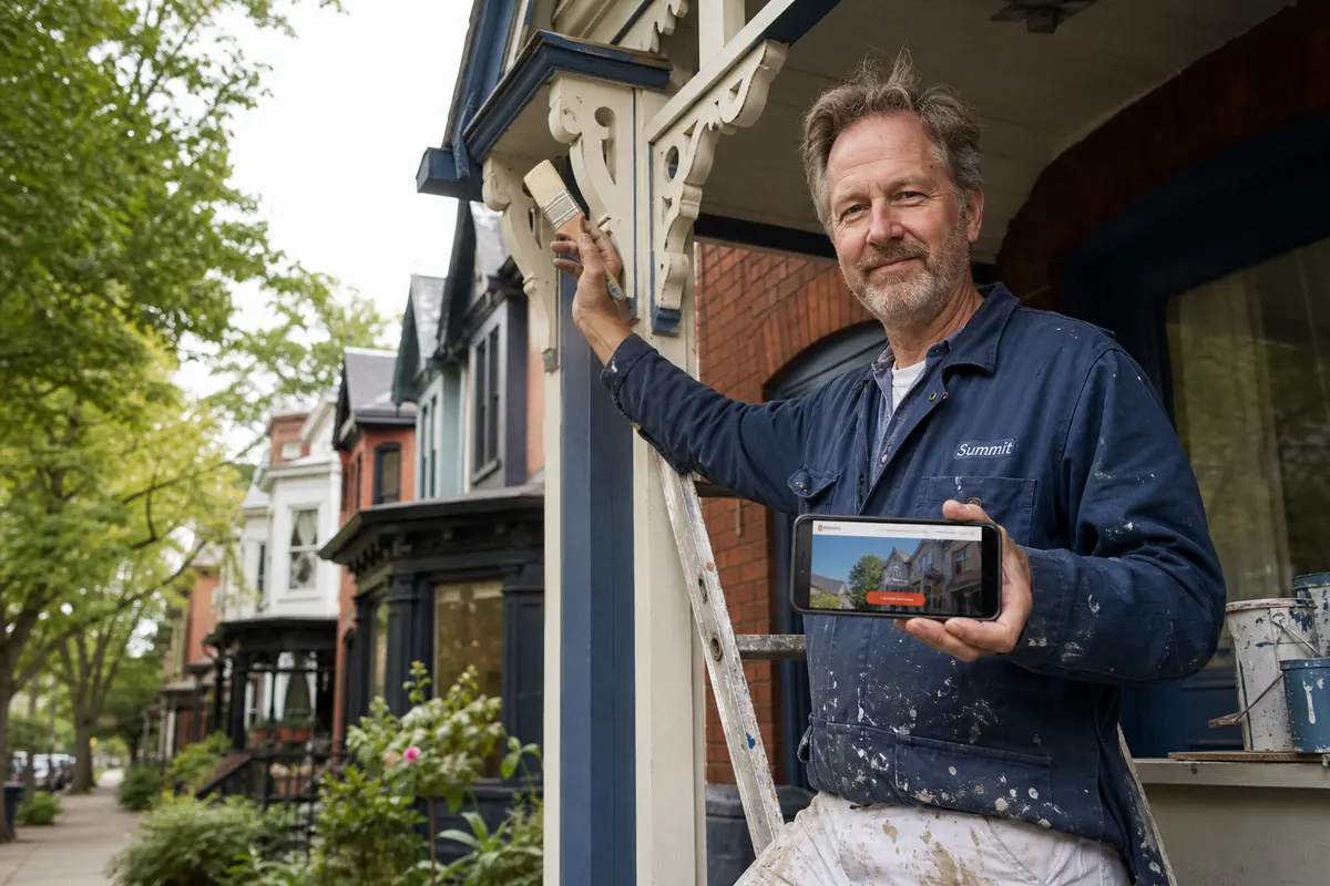Painter on a ladder painting the decorative trim of a Victorian bay-and-gable house in Cabbagetown