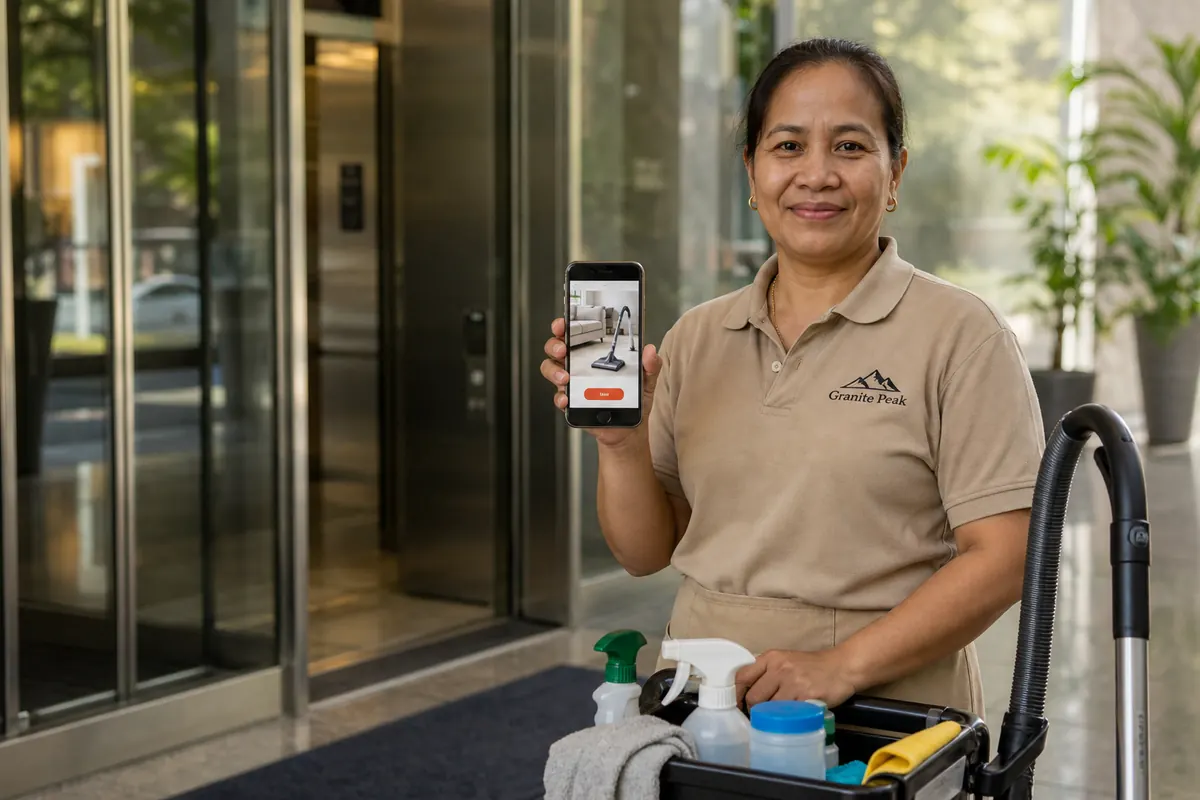 Cleaning company owner in a downtown Toronto condo lobby confirming an online booking on her phone with her supply caddy beside her