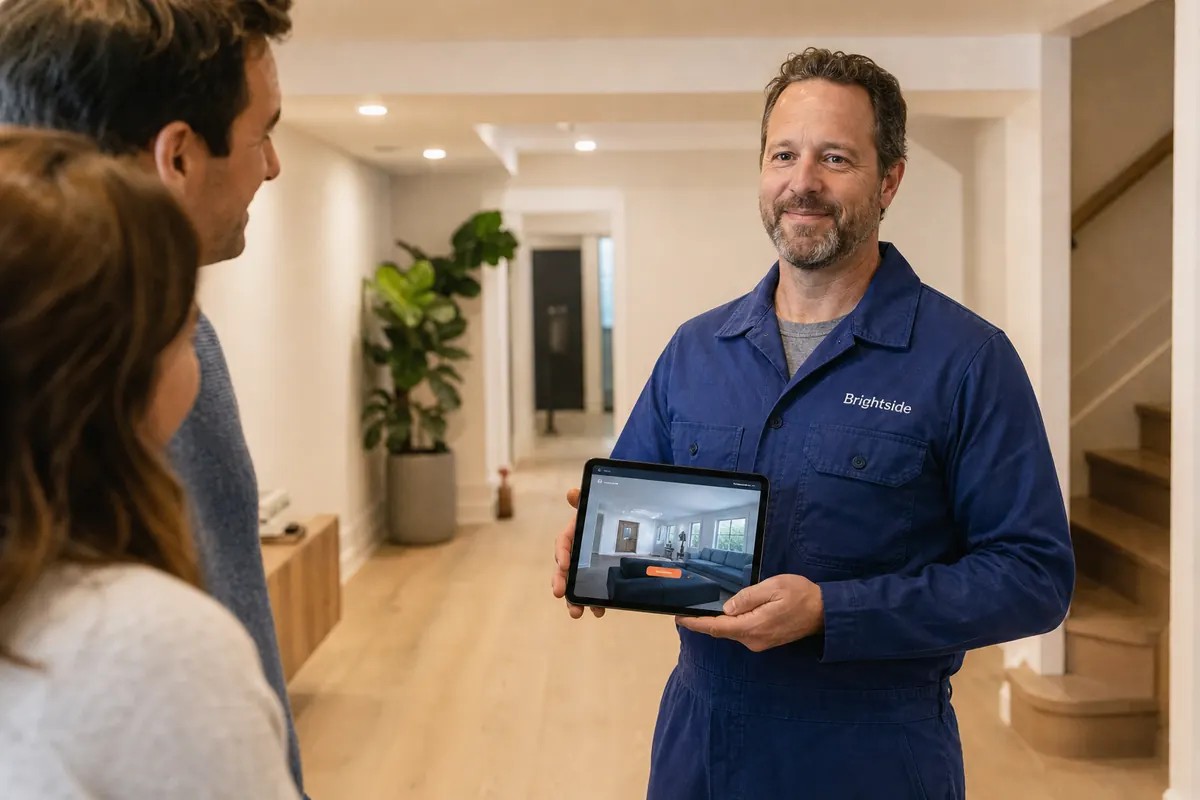 Renovation contractor in a newly finished basement in a Leslieville semi showing homeowners a project gallery on his tablet
