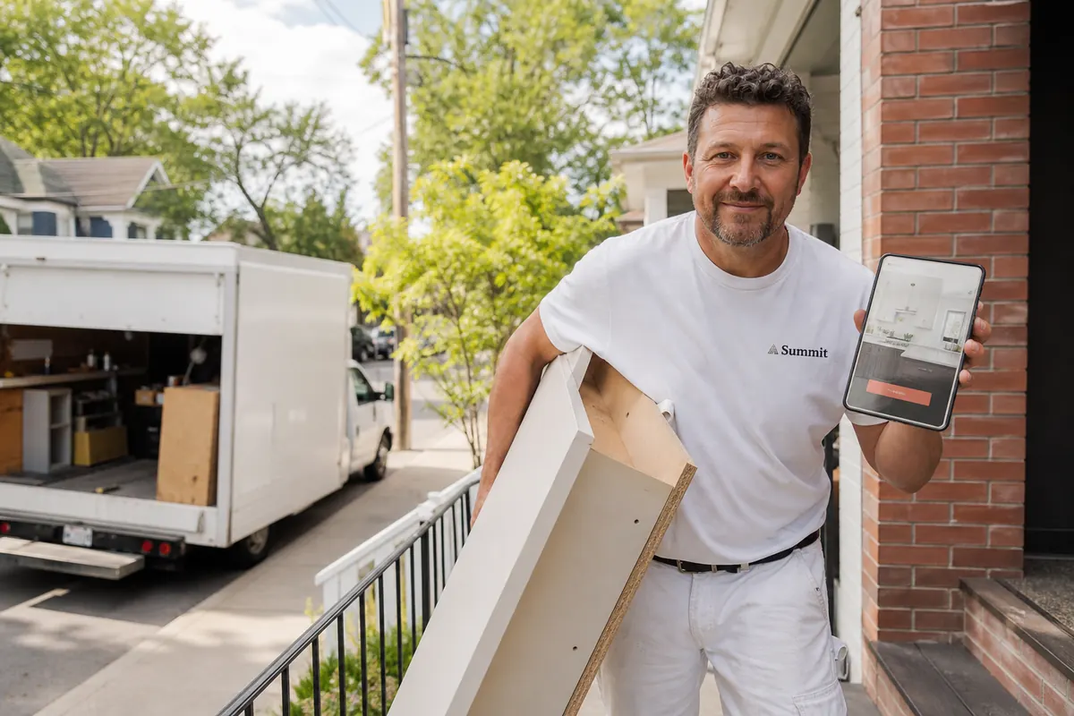 Kitchen renovation contractor carrying cabinet boxes into a brick semi-detached house on a side street off Danforth Avenue
