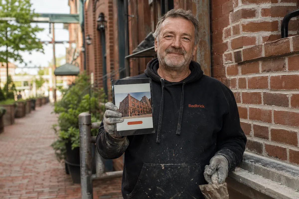 Masonry contractor repointing brick on a Victorian industrial building in the Distillery District, with a brick-paved lane behind him
