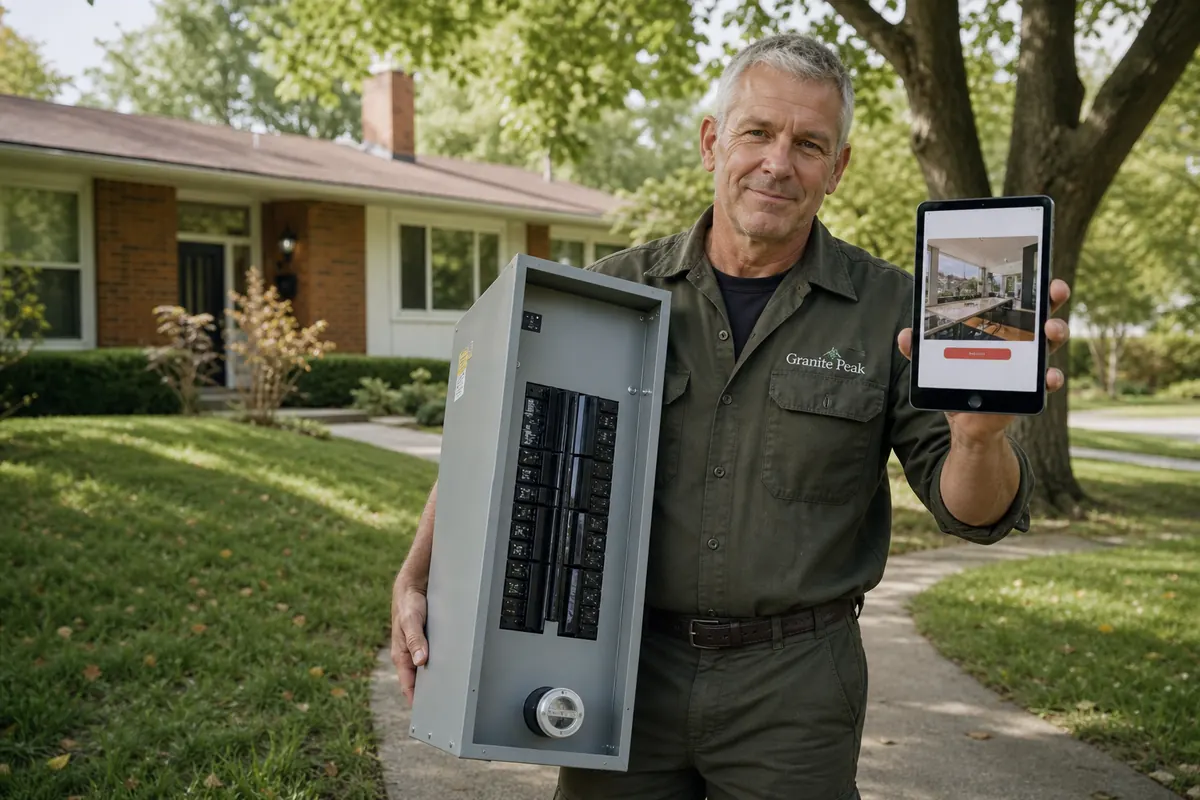 Grey-haired electrician carrying a new electrical panel up the front walk of a low 1950s split-level home on a curving Don Mills street