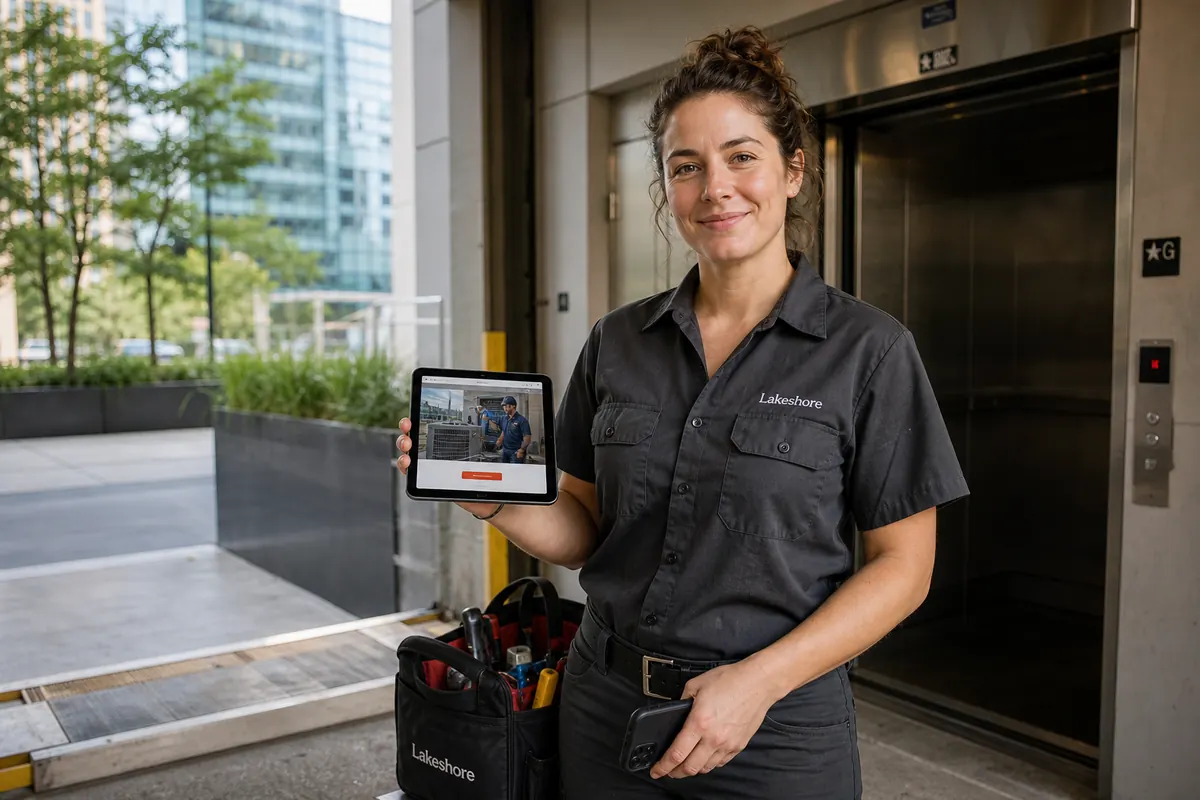 HVAC technician in the loading dock of a downtown Toronto glass condo tower, checking a booking on her company website on her phone