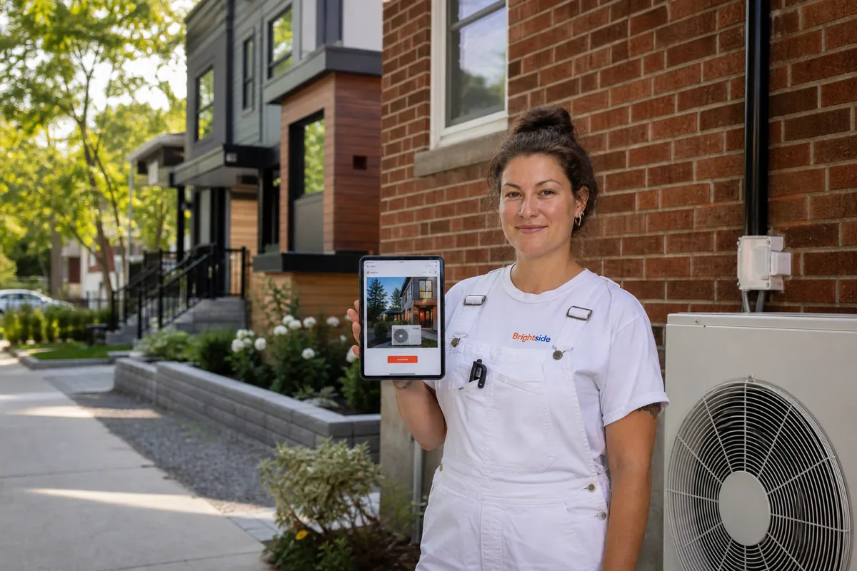 HVAC technician installing an outdoor heat pump unit beside a post-war brick bungalow in East York
