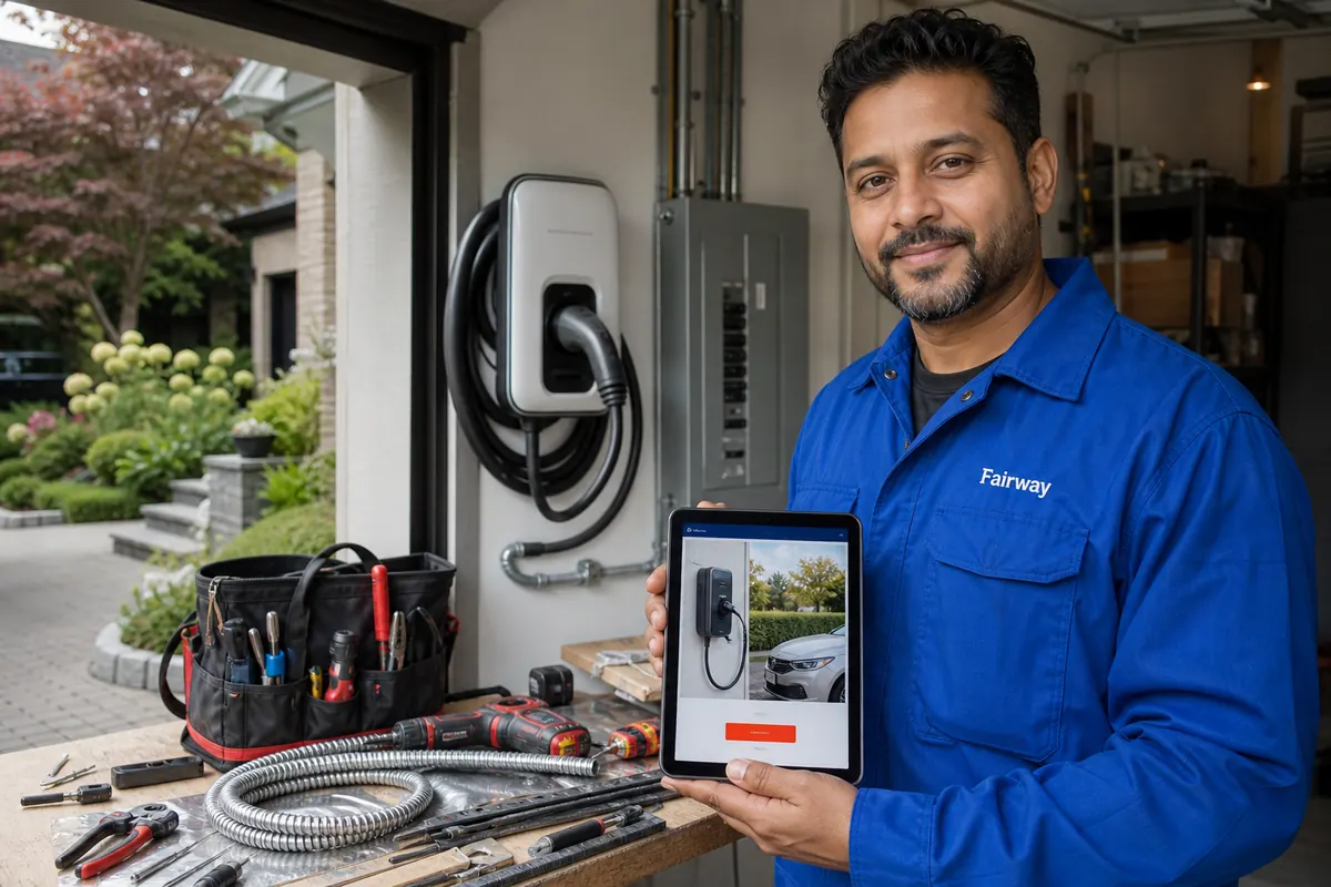Electrician installing an EV charger in a Lawrence Park garage, his tablet on the workbench showing his website's EV charger page