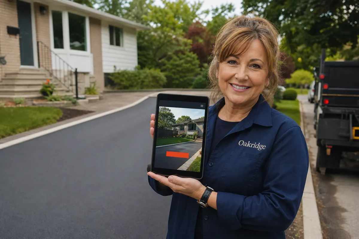 Paving company owner inspecting a freshly sealed asphalt driveway in front of a 1960s backsplit with an attached garage in central Etobicoke