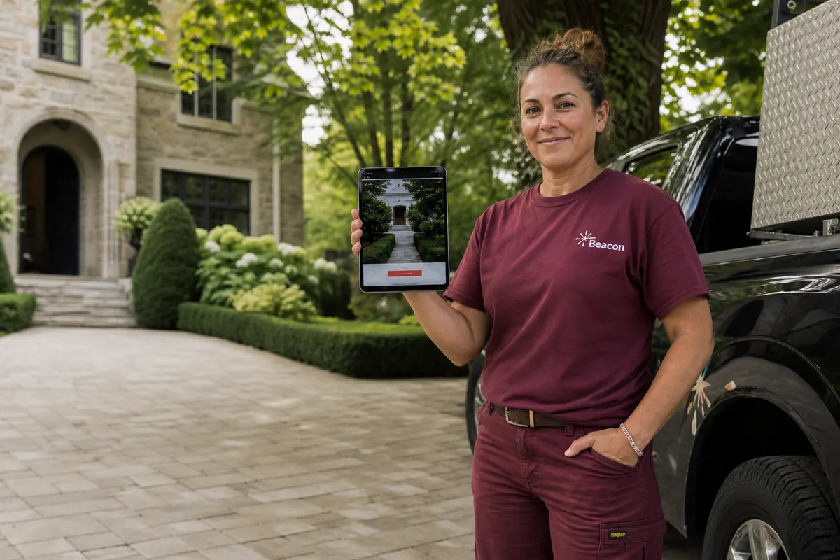 Landscaping company owner beside her crew truck in the driveway of a large stone house in Forest Hill, checking her website on a tablet