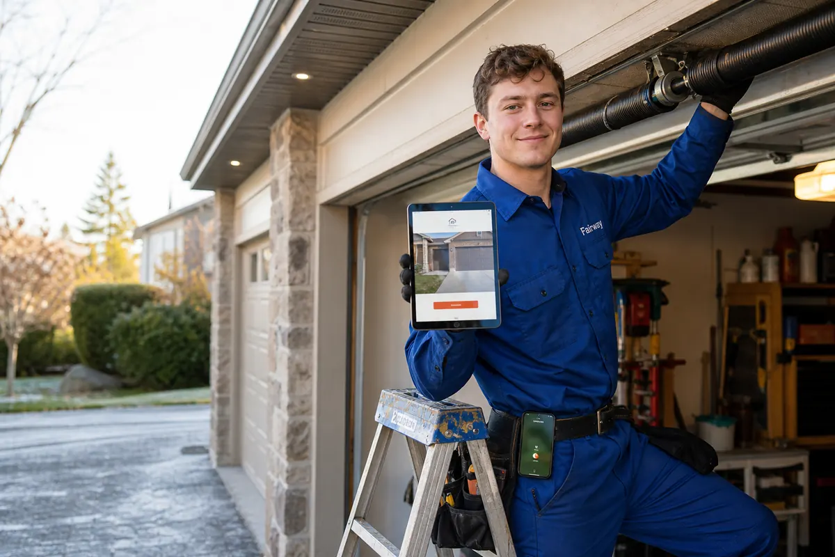 Garage door technician adjusting a torsion spring in a Mississauga double garage, phone clipped to his belt showing a new call