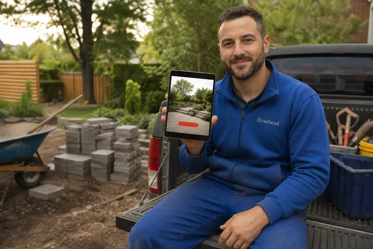 Landscaping company owner on a tailgate in a Toronto yard reading his monthly lead report on a tablet