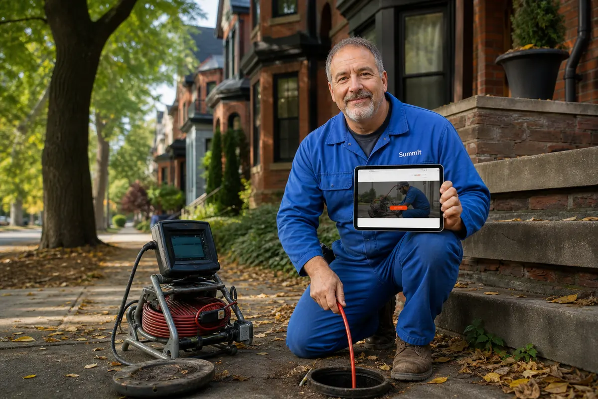 Plumber feeding a drain camera into a sewer cleanout beside a tall brick house under mature oak trees near High Park