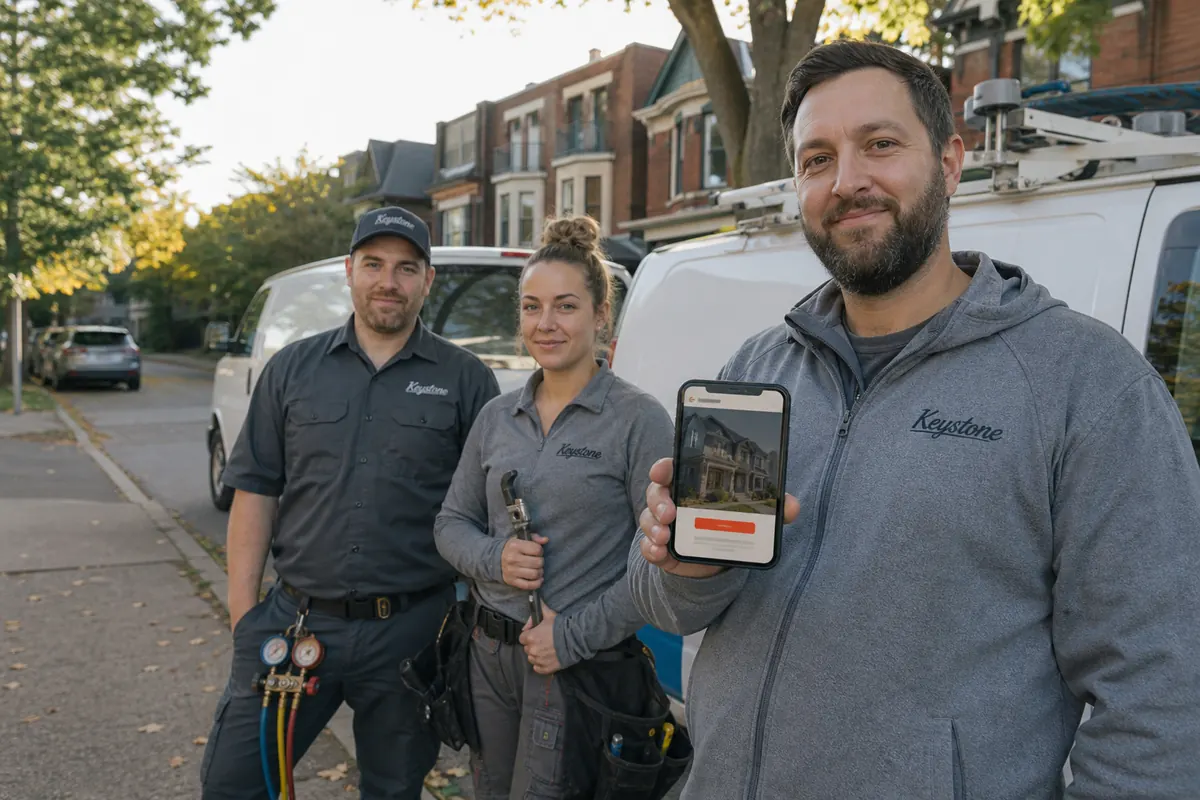 Three Toronto tradespeople, a roofer, a plumber and an HVAC technician, beside their vans on an east end street checking a website on a phone