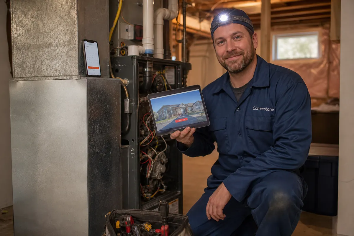 HVAC technician kneeling beside a furnace in an Etobicoke basement, his phone on the ductwork showing a booking notification
