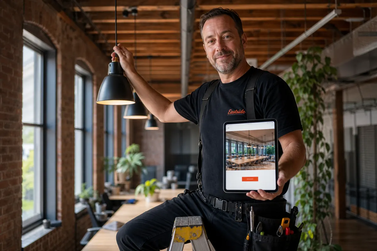 Electrician on a stepladder inside a brick-and-beam loft office on King Street West, his company website open on a tablet on the workbench