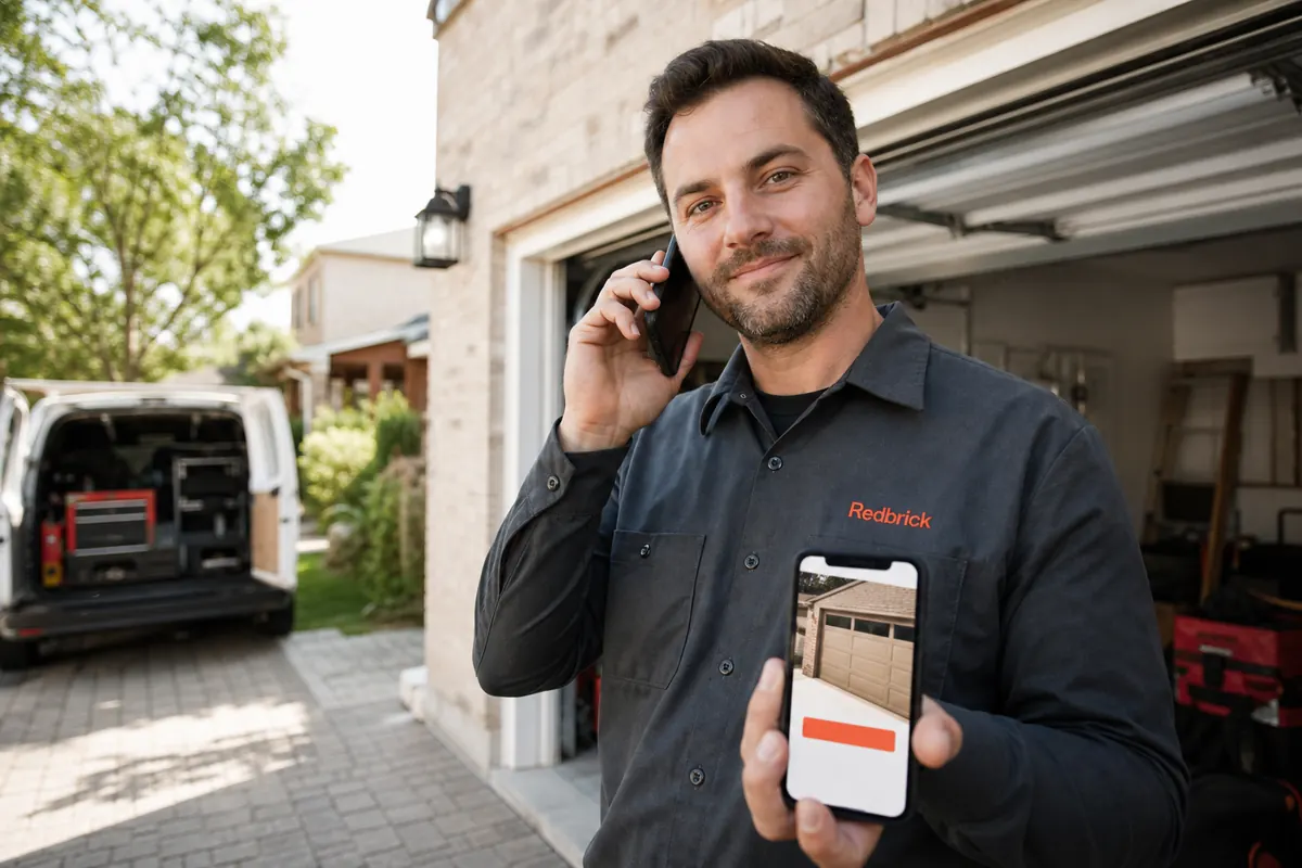 Garage door technician in a Vaughan driveway taking a booking call next to his phone showing a landing page