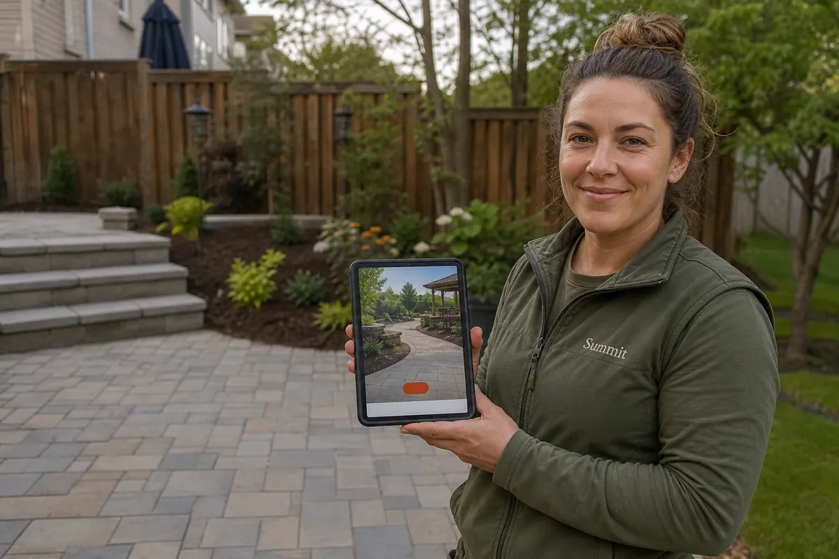 Landscaper on a new interlock patio in a Richmond Hill backyard showing a homeowner design photos on her tablet
