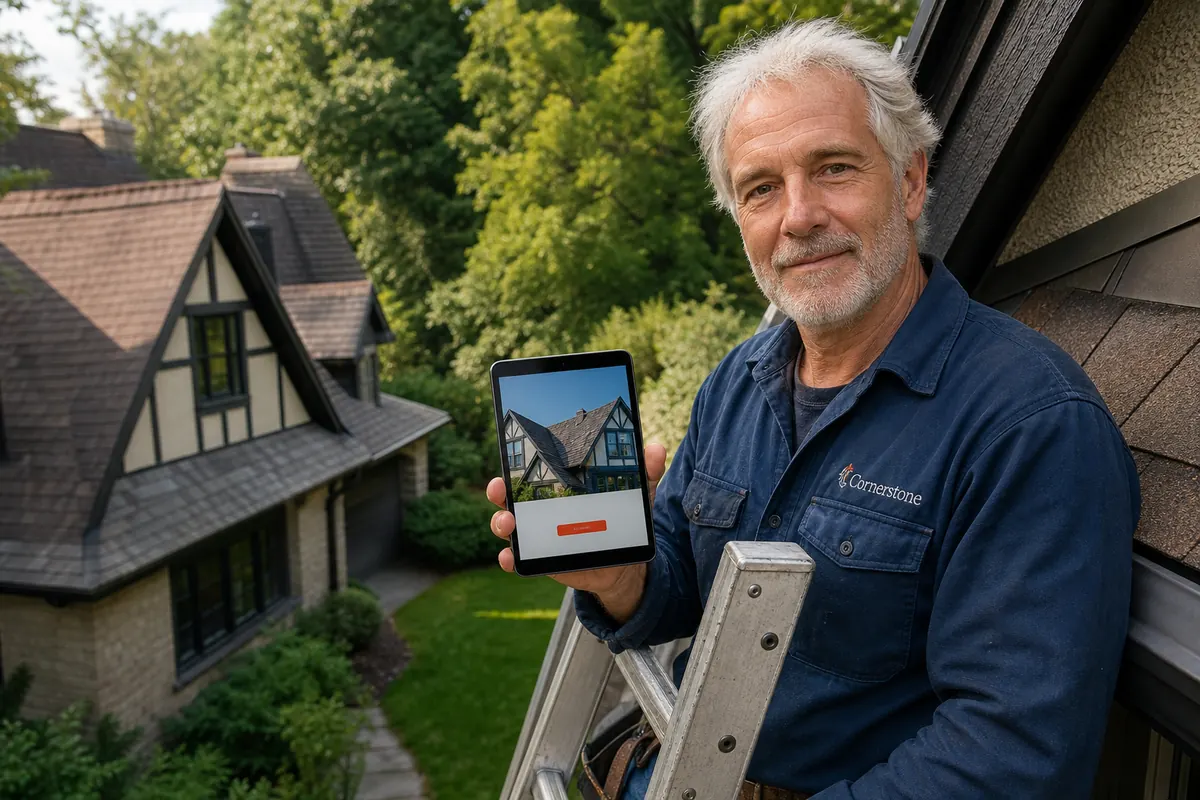 Roofer on a ladder inspecting the steep roofline of a Tudor-style house in Lawrence Park, tablet in hand
