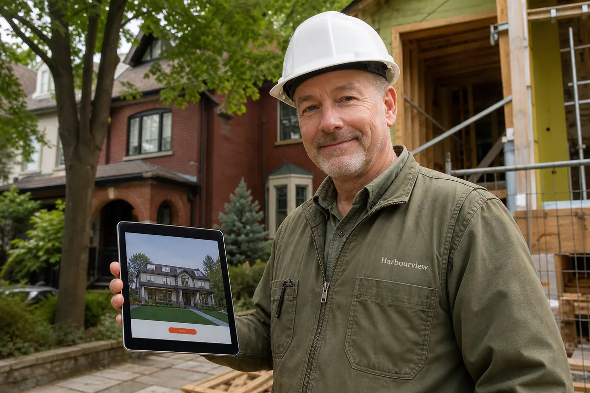Custom home builder reviewing plans on a tablet at a new-build site next to a 1930s brick house in Leaside