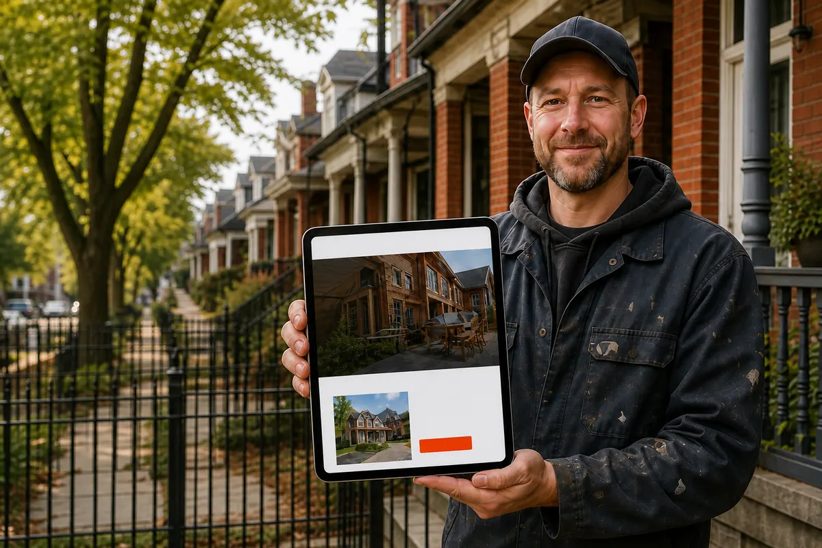 Renovation contractor on the porch of a red-brick Victorian row house in Leslieville, holding a tablet showing his company website