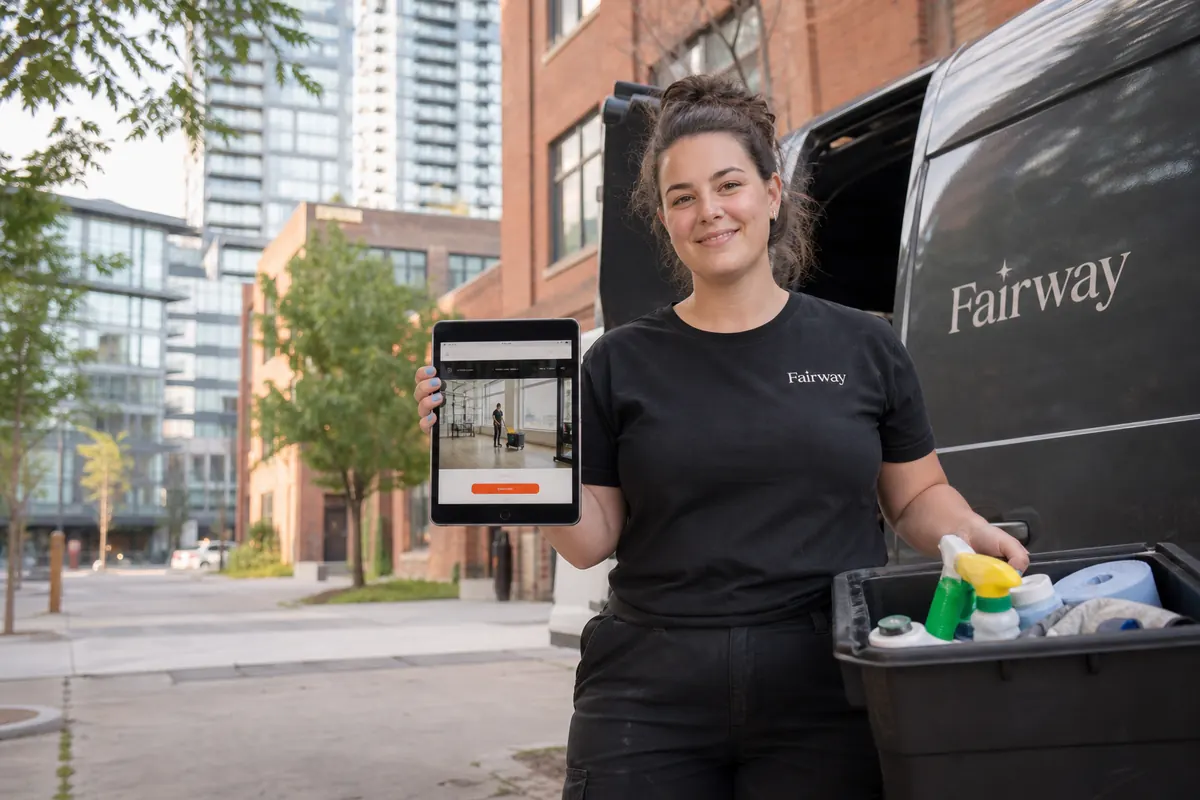 Cleaning company owner unloading supplies from her van outside a converted brick factory in Liberty Village, with condo towers behind