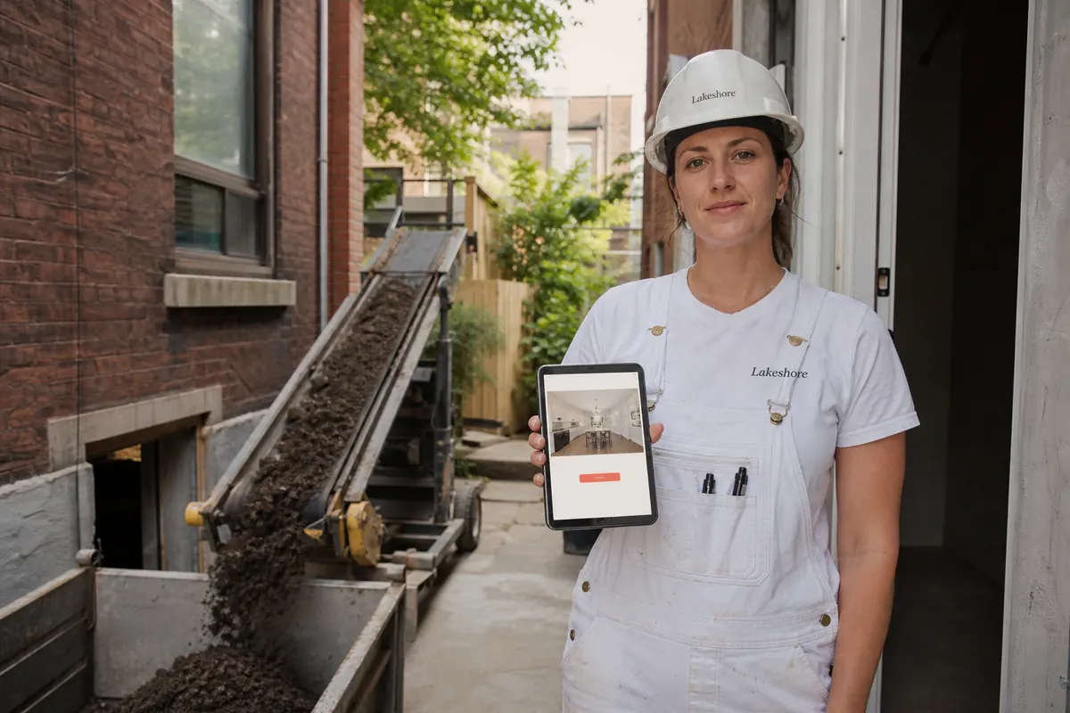 General contractor in a hard hat at the side of a narrow brick semi in Little Italy while a conveyor carries soil out of the basement window