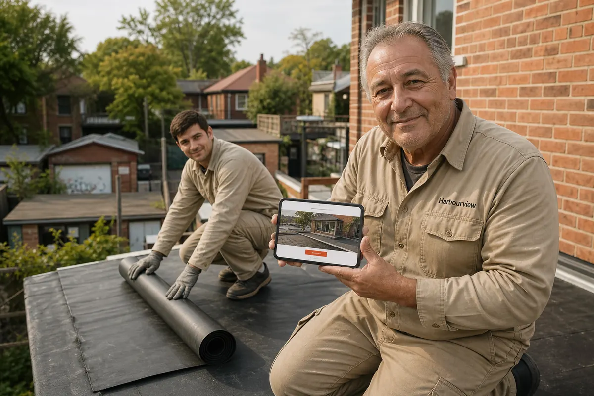 Roofer in his sixties and his adult son working on the flat roof of a rear addition behind a row house in Little Portugal