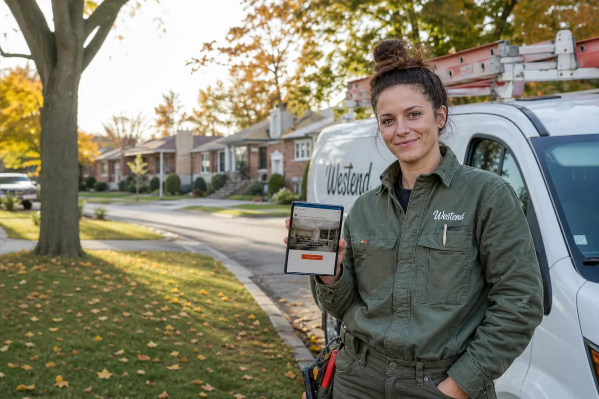 Electrician beside her van on a Scarborough street checking her company's Google Business Profile on her phone