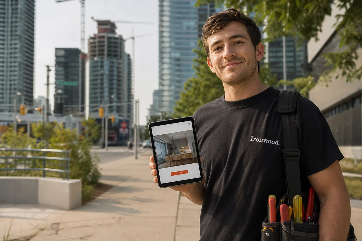 Young electrician with his tool bag on the sidewalk near Yonge and Eglinton, new condo towers rising behind him