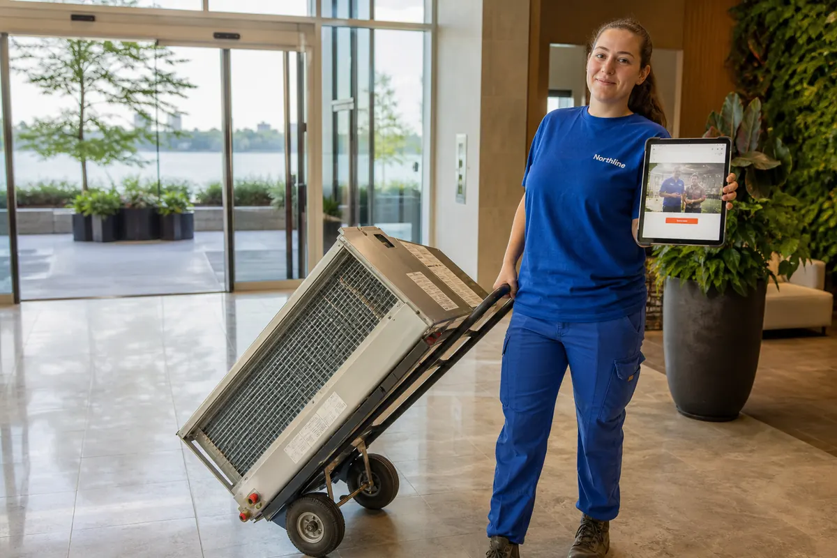 HVAC technician wheeling a replacement fan coil unit through the lobby of a lakeside condo tower near Mimico