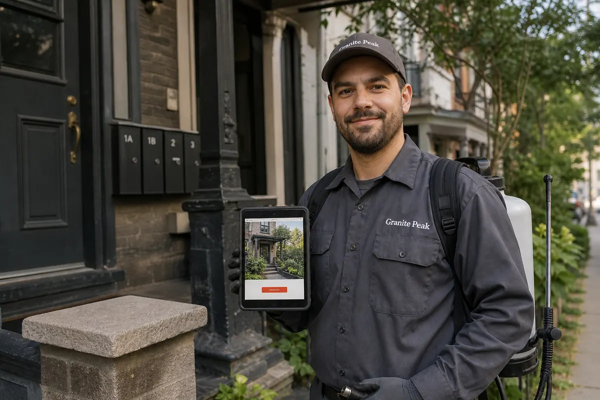 Pest control technician with a sprayer at the front entrance of a converted Victorian apartment house on a Parkdale street off Queen West