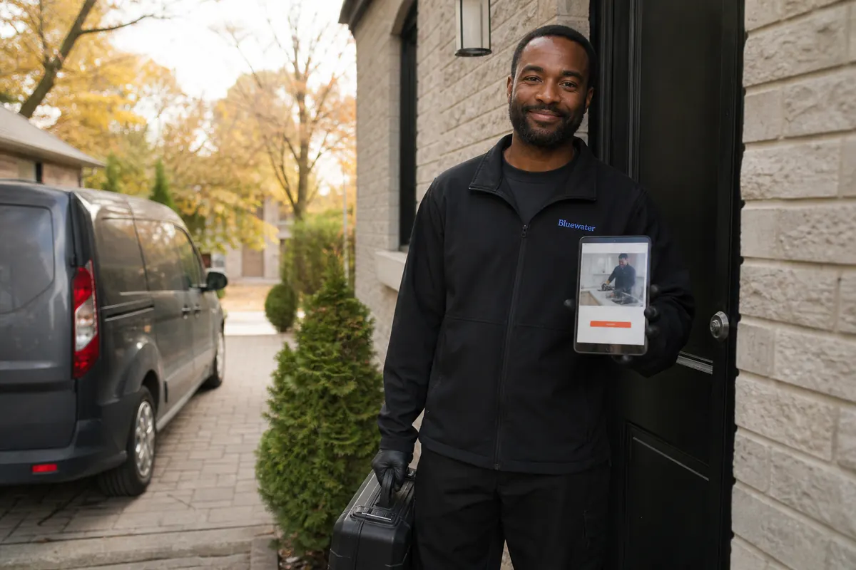 Pest control technician at the side door of a North York house checking a new service request on his phone
