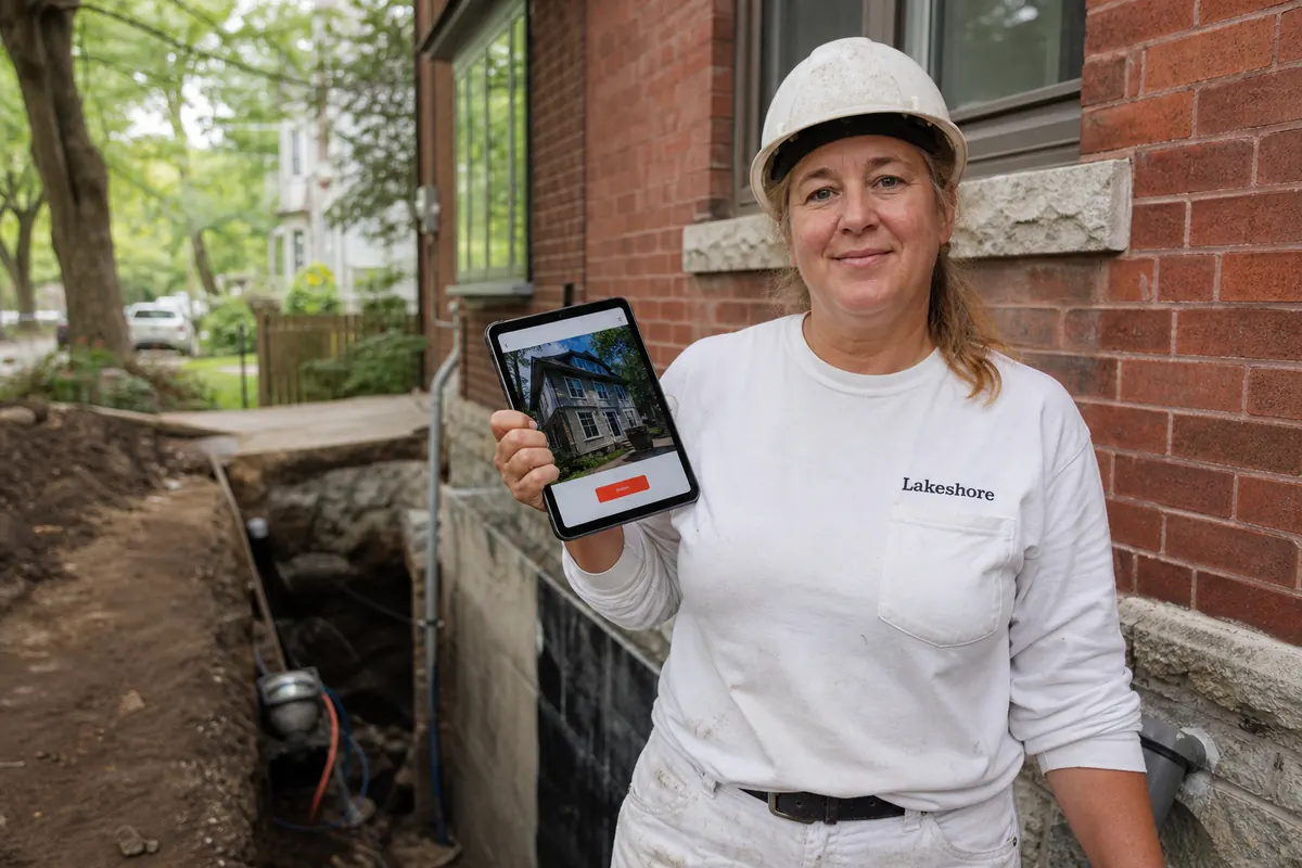 Waterproofing crew lead in a hard hat beside a basement excavation at a brick semi-detached house in Riverdale