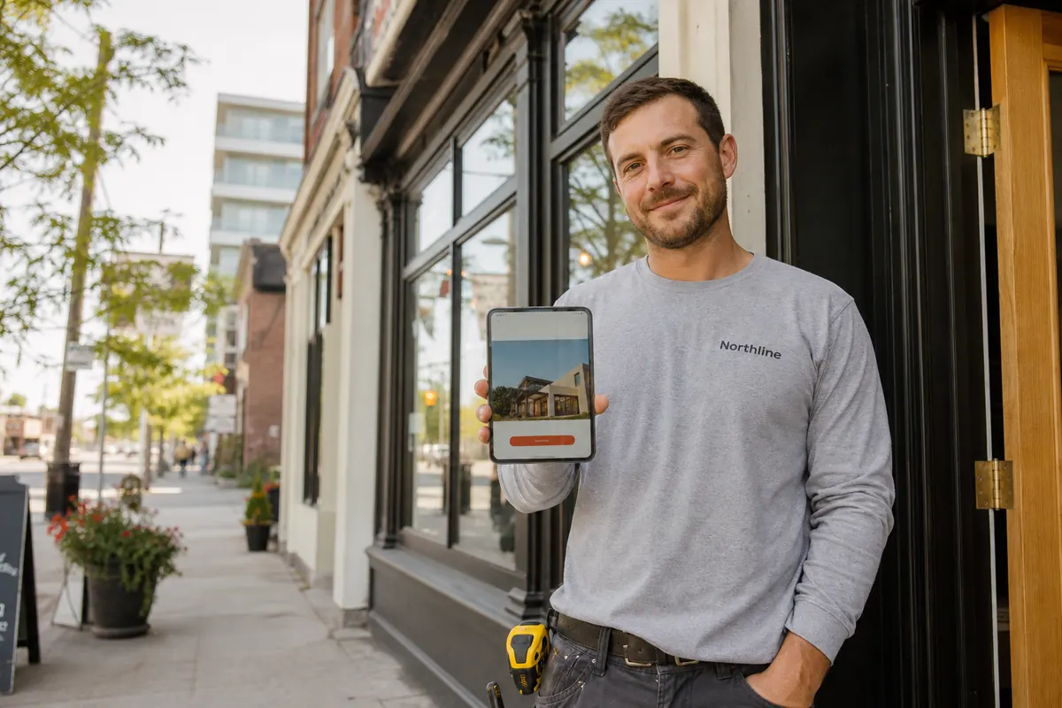 General contractor outside a Victorian storefront on Queen Street East in Riverside, checking his website on a phone