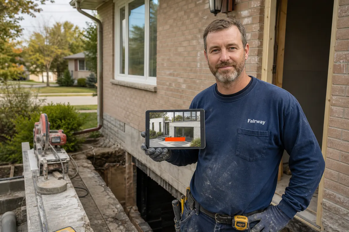 Renovation contractor cutting a new basement egress window into the side of a 1960s bungalow on a wide Scarborough street