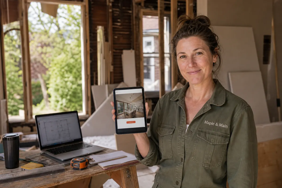 Renovation contractor at a sawhorse desk in a Midtown job site reviewing his website's page plan on a laptop