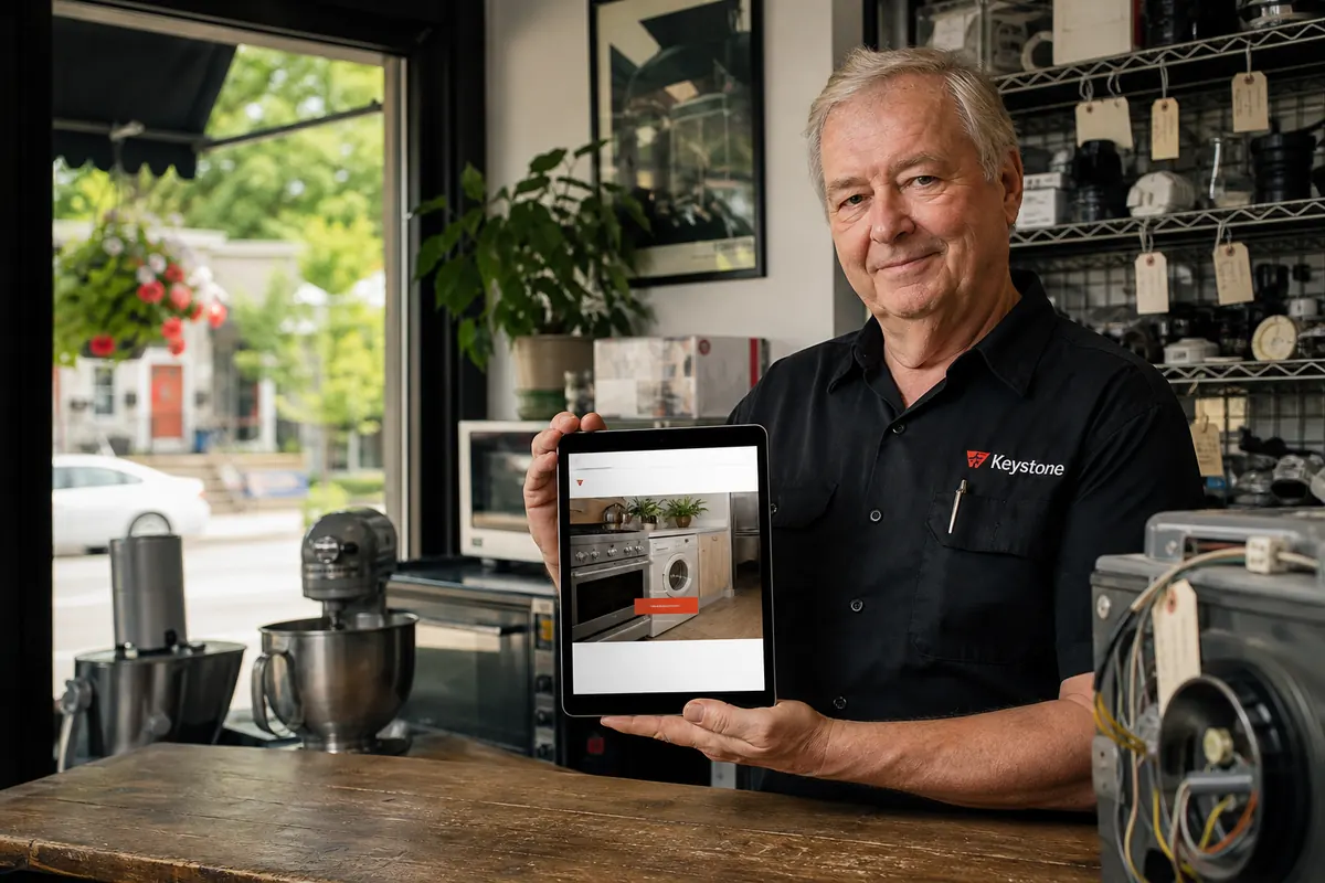 Owner of a small appliance repair business behind his counter in a Bloor West Village storefront checking his website on a tablet