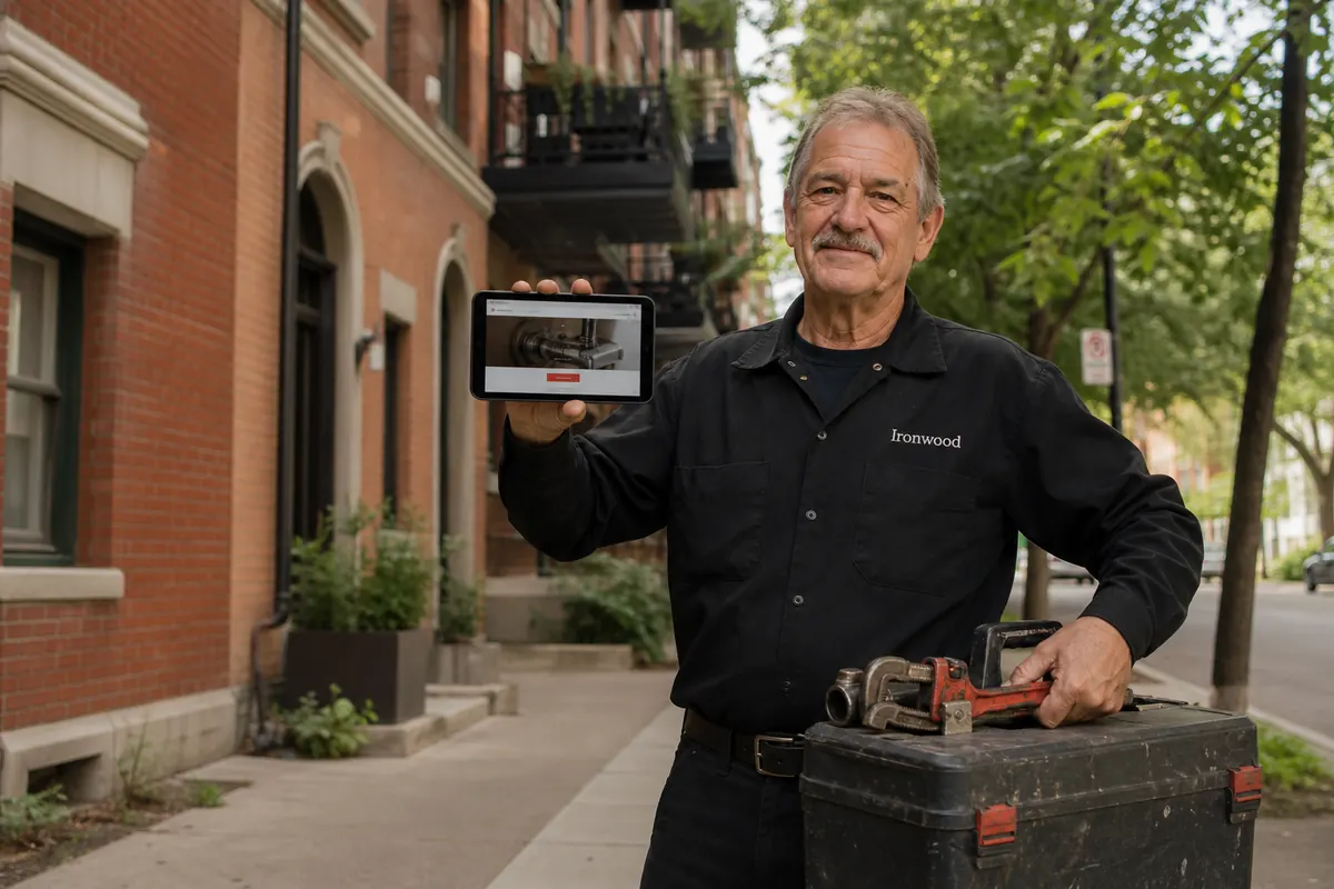Veteran plumber with his toolbox outside a red-brick mid-rise on The Esplanade in St. Lawrence, showing his website on a phone
