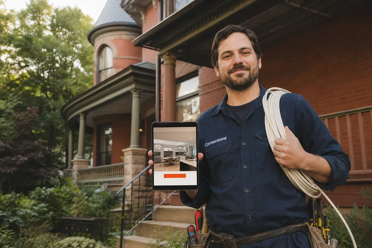 Electrician on the front steps of a large red-brick and sandstone Victorian house in the Annex, holding a phone with his company website
