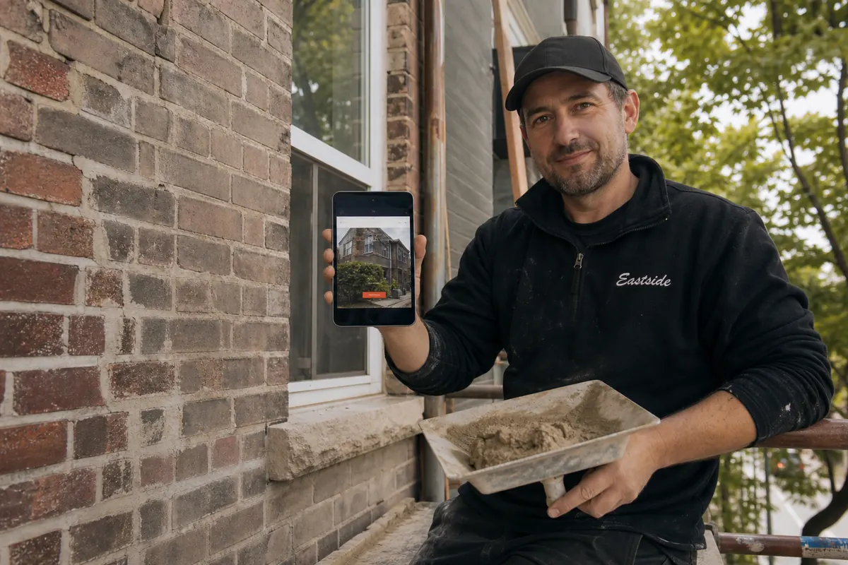 Mason repointing the brick front of a narrow early 1900s semi-detached house near Dundas Street West and Keele in The Junction