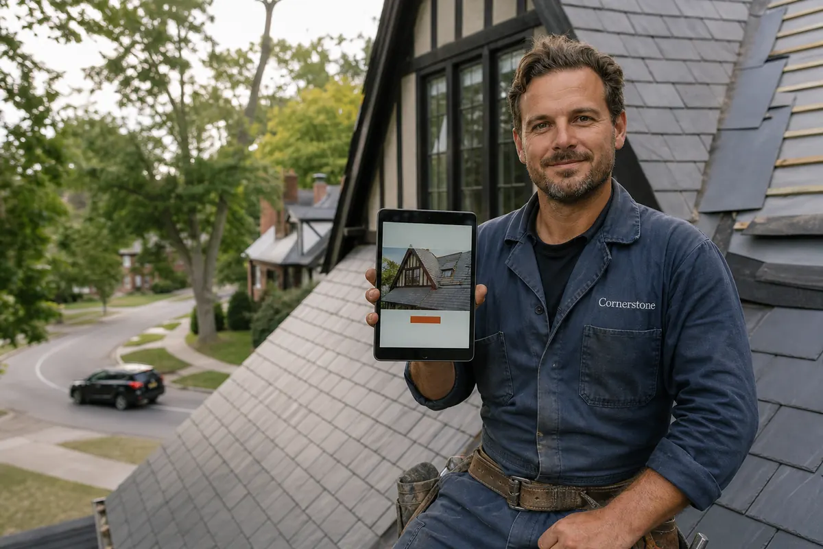 Roofer fitting slate tiles on the steep roof of a Tudor Revival house on a curving, tree-lined street in The Kingsway