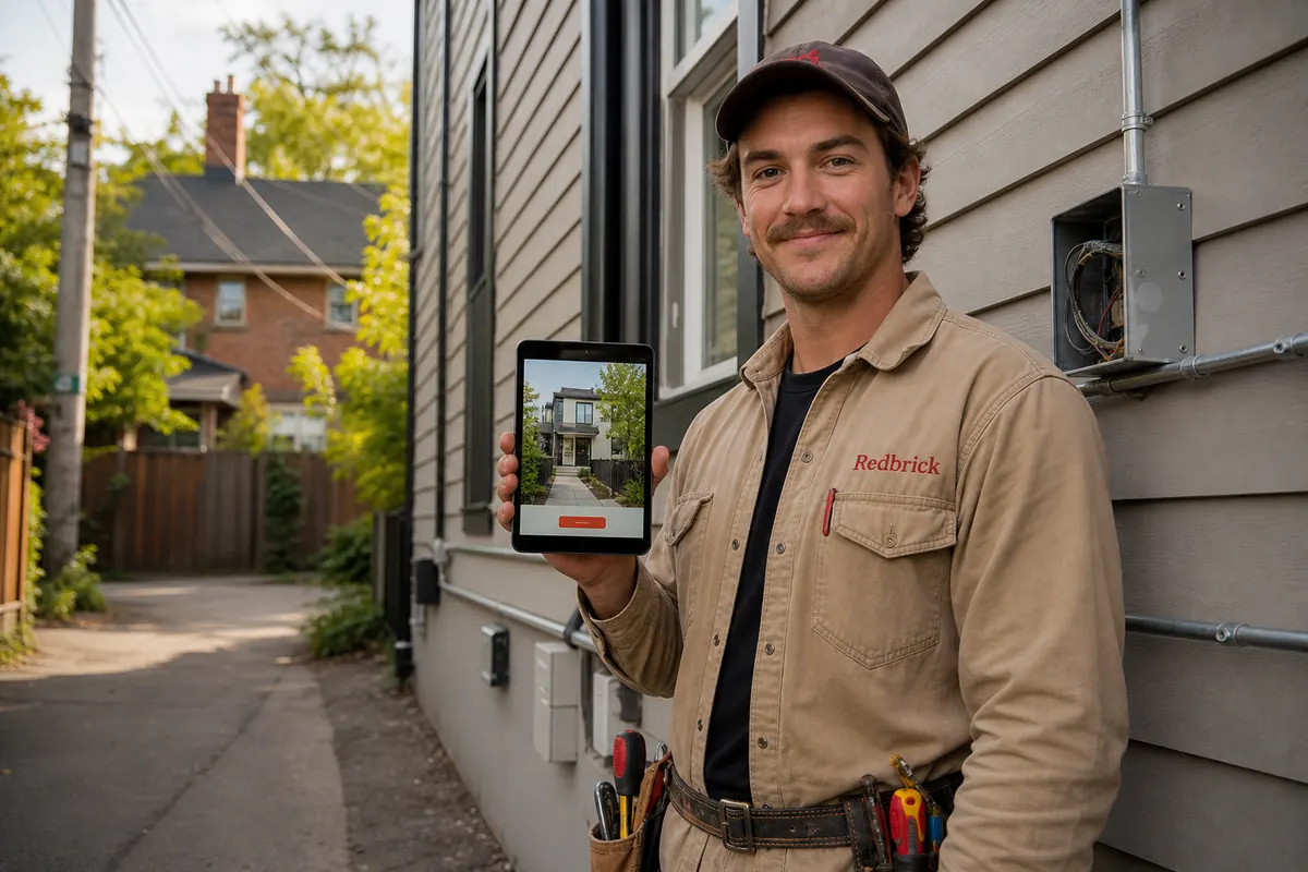 Young electrician running conduit along the side of a new two-storey laneway suite behind a Victorian house near Trinity Bellwoods Park