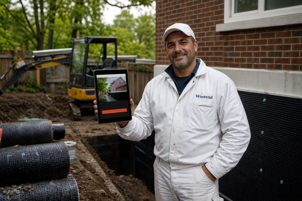 Waterproofing crew foreman beside an excavated foundation wall at an East York house showing a homeowner a quote on his tablet