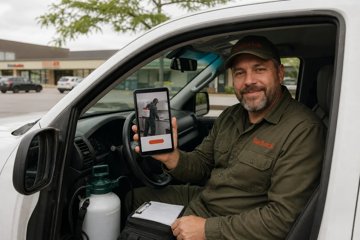 Pest control technician in his truck cab in a Scarborough plaza parking lot texting a quick website edit request