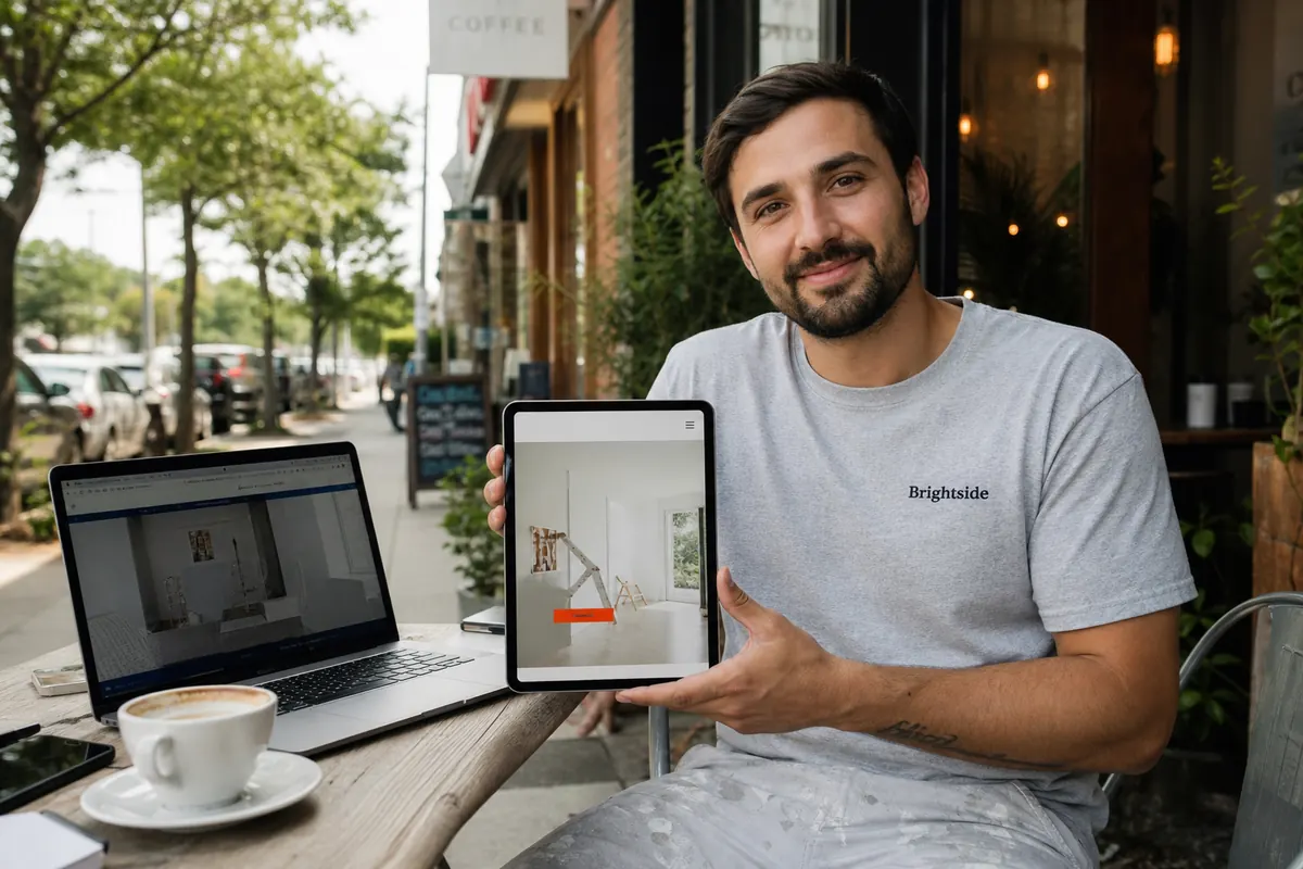 Painting contractor in a Danforth coffee shop comparing his old website and new design side by side on a laptop