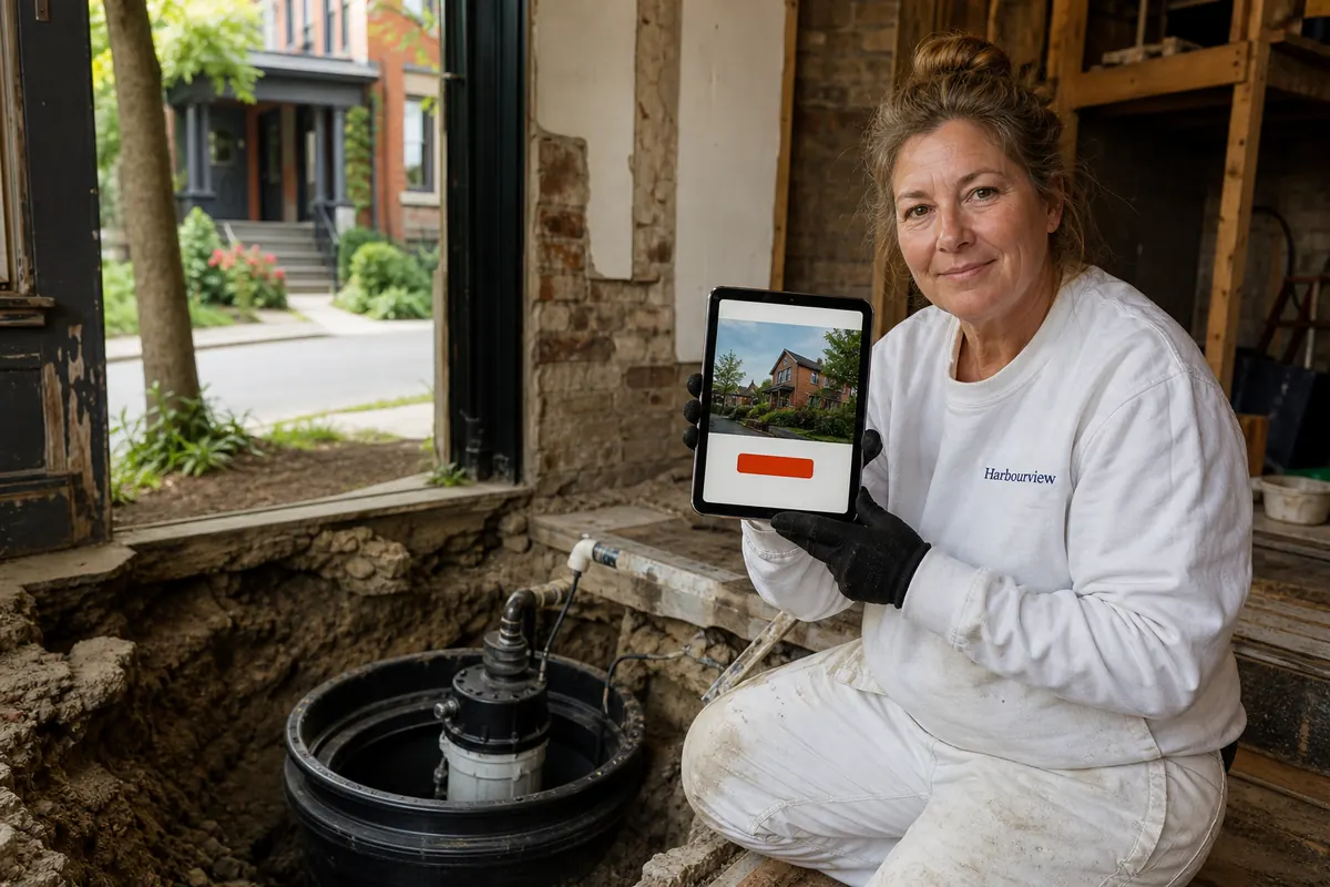 Waterproofing contractor installing a backwater valve in the basement of an older house on a quiet Weston street near the Humber River