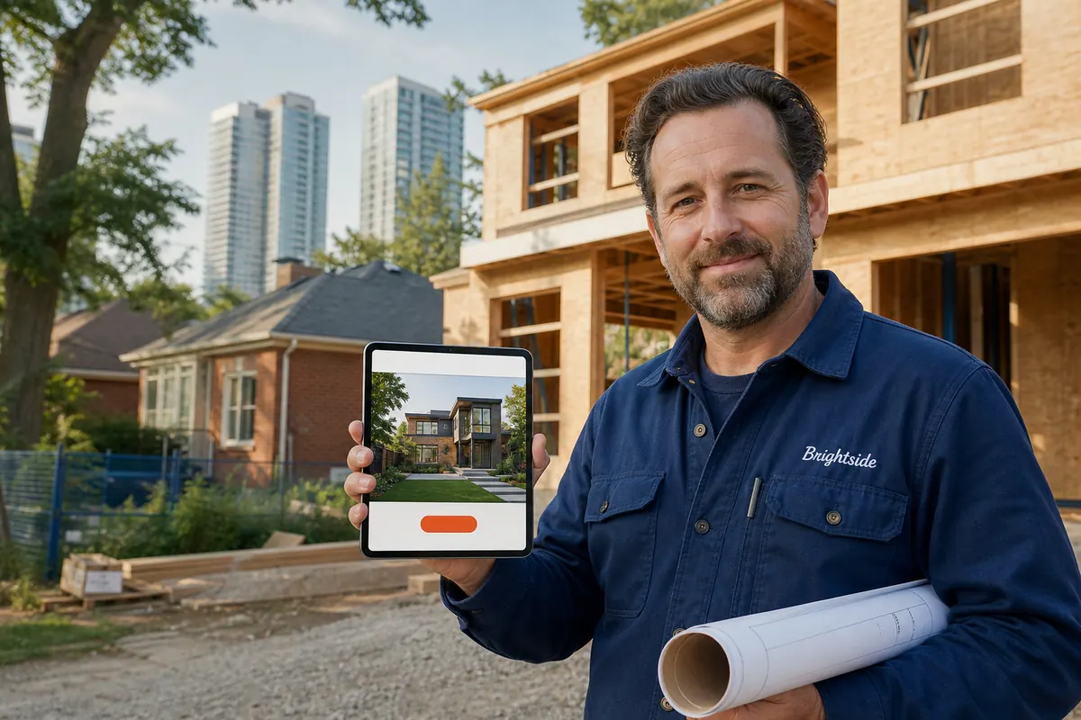 Site supervisor holding drawings in front of a newly framed custom home on a Willowdale side street, with condo towers along Yonge Street behind